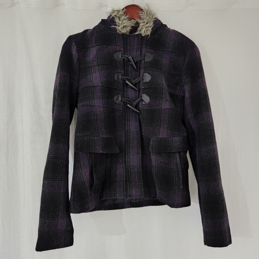 Yoki Wool Blend Short Pea Coat with Faux Fur Hood in Purple & Black Plaid Size M